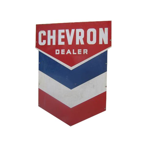 Chevron dealer sign in red, white, and blue with chevron arrow design