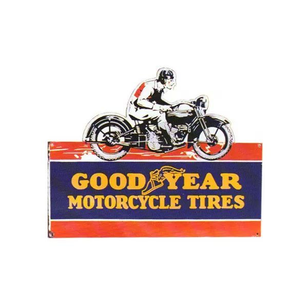 Goodyear motorcycle tires sign with a rider on a motorcycle, red and blue background