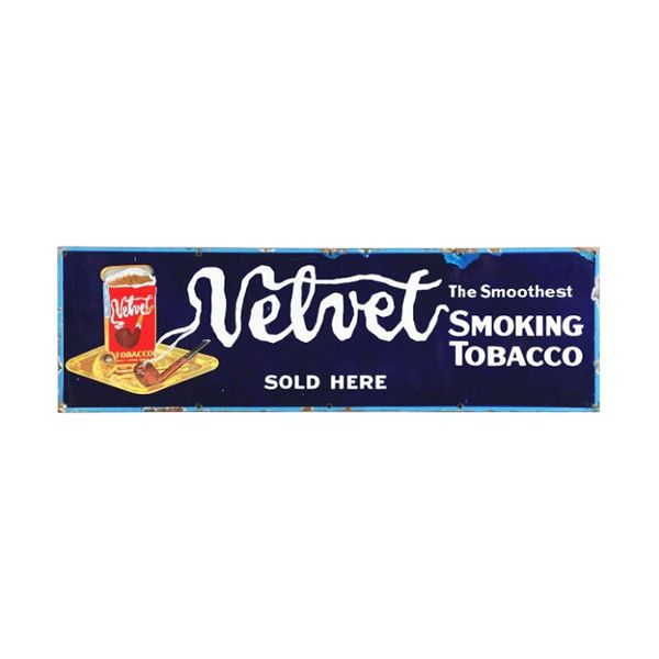 Vintage Velvet smoking tobacco sign with a red can and gold pouch on a blue background, “Sold Here” text