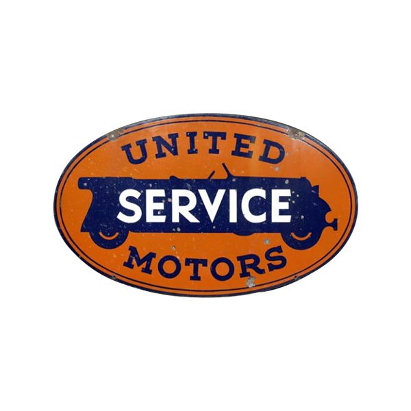 Oval United Service Motors sign in orange, navy, and white