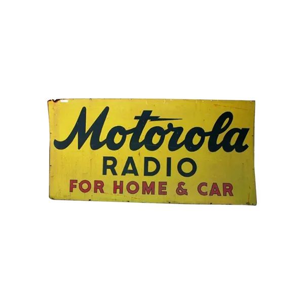 Yellow Motorola Radio for Home & Car sign with black text