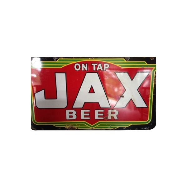 JAX Beer sign with bold white letters on a red background and “On Tap” above it