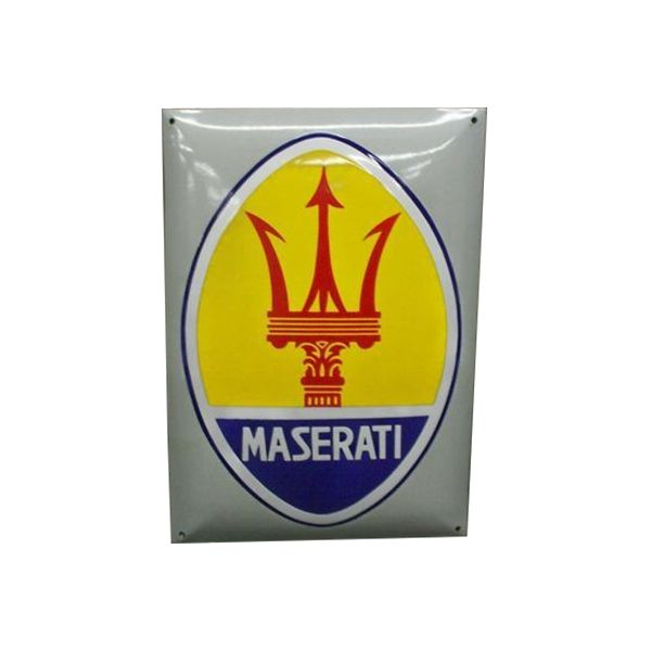 Maserati logo with red trident on a yellow and blue oval background