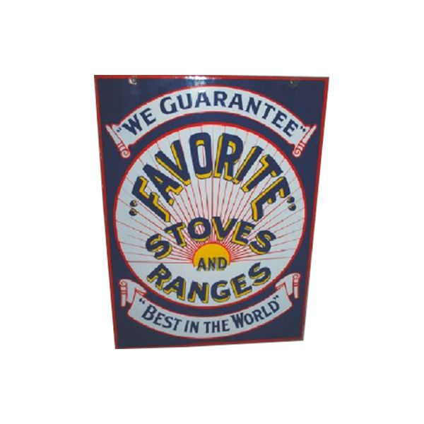 Vintage red, blue, and cream sign reading “We Guarantee Favorite Stoves and Ranges” with a circular logo.