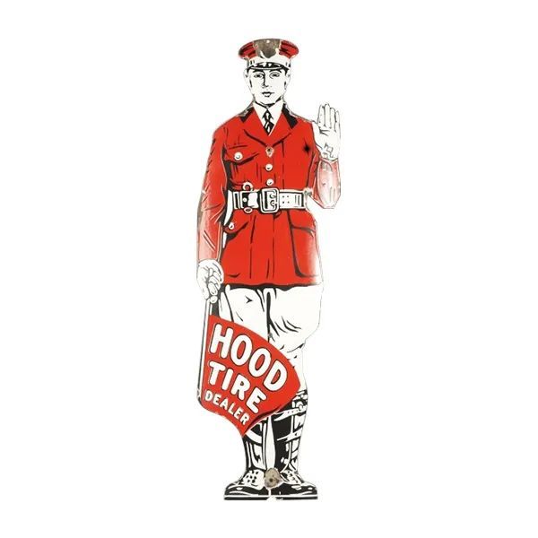 Vintage Hood Tire & Rubber Co. ad: man in red uniform holding a tire sign and waving.
