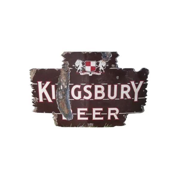 Weathered Kingsbury Beer sign in dark red and white with a torn, distressed center