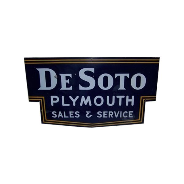 Vintage De Soto Plymouth sales and service sign in blue, white, and gold on a dark background
