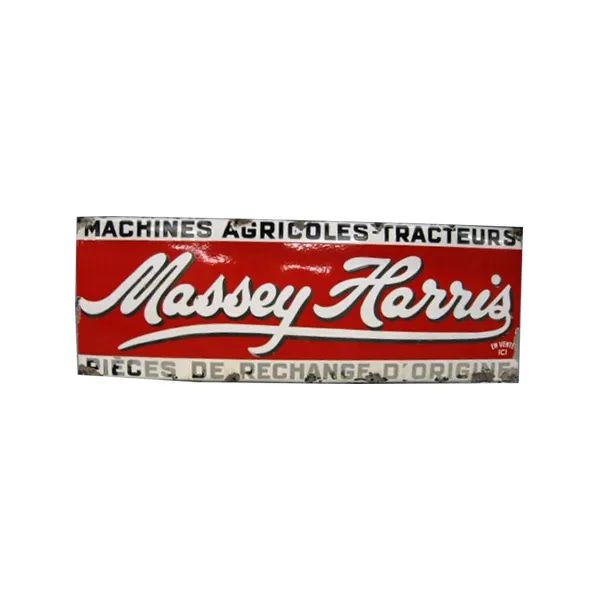 Massey Harris tractor parts sign in red, white and black with French text