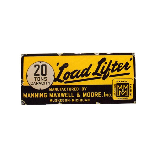Yellow and black Toad Lifter 20-ton capacity label from Maxwell & Moore, Inc.