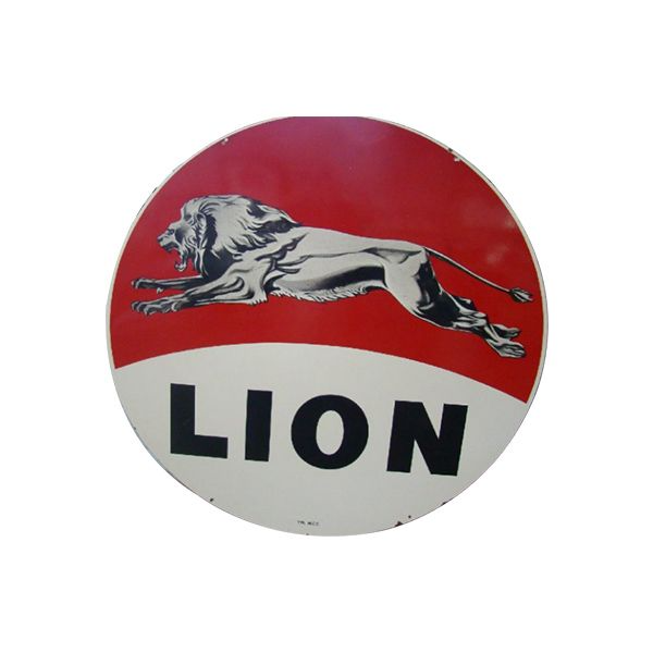 Round Lion logo sign with a leaping lion on a red and white background