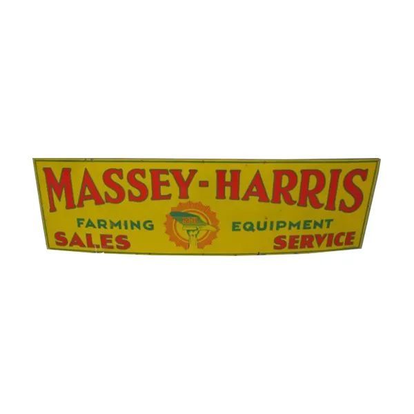 Massey-Harris farming equipment service sign in red and yellow with logo and “Sales” and “Service” text