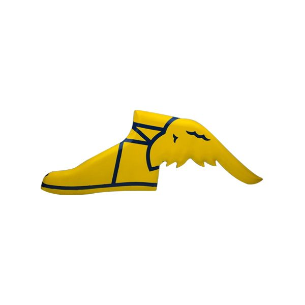 Yellow and black winged shoe icon on a white background