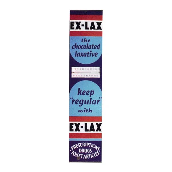 EX-LAX chocolate laxative box, blue and white packaging with red accents and “keep regular” text