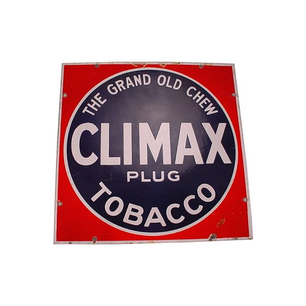 Red vintage-style sign reading “CLIMAX PLUG TOBACCO” in white on a circular black and red background