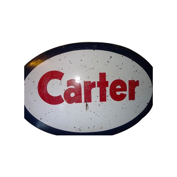 Oval sign with the red word “Carter” on a white background