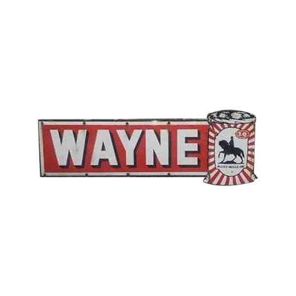 Wayne logo on a red sign with a black-and-white can design