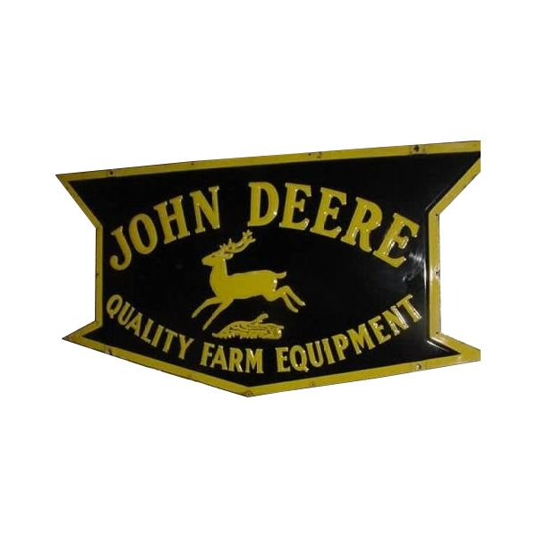 Black and yellow John Deere Quality Farm Equipment sign with leaping deer logo