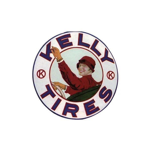 Kelly Tires vintage logo with a smiling mechanic in red uniform reaching upward inside a circular emblem
