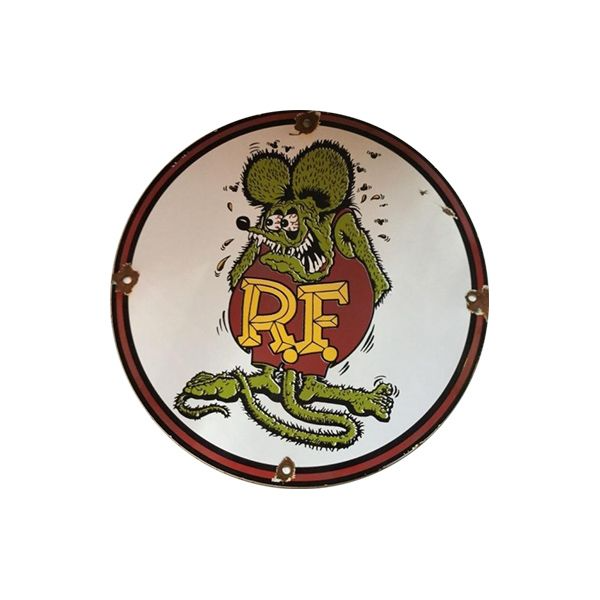 Circular vintage sign with a cartoon green monster and red “R.F” letters on a white background