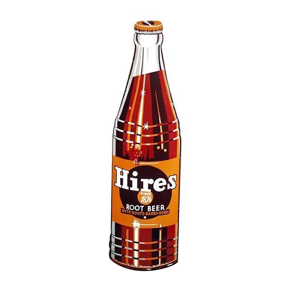 Hires root beer bottle with a red label and orange cap on a white background