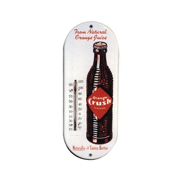 Orange Crush thermometer sign with a vintage soda bottle and red lettering