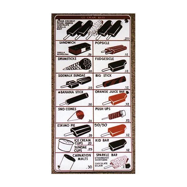 Ice cream menu board with labeled treats and prices, showing cones, popsicles, sandwiches, and cups.