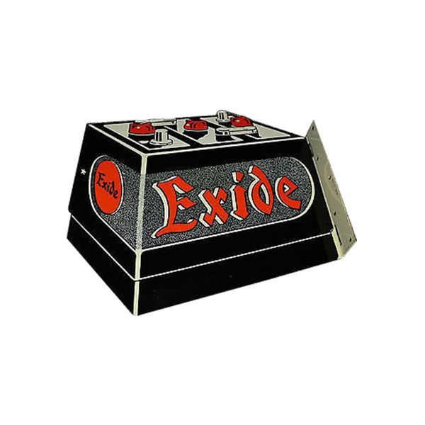 Black Exide battery with red logo and silver terminals on a white background