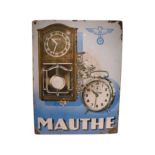 Vintage Mauthe wall clock ad with two clocks on a worn blue background