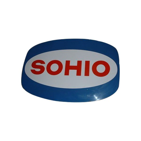 Blue-and-white SOHIO logo with red lettering on a rounded sign