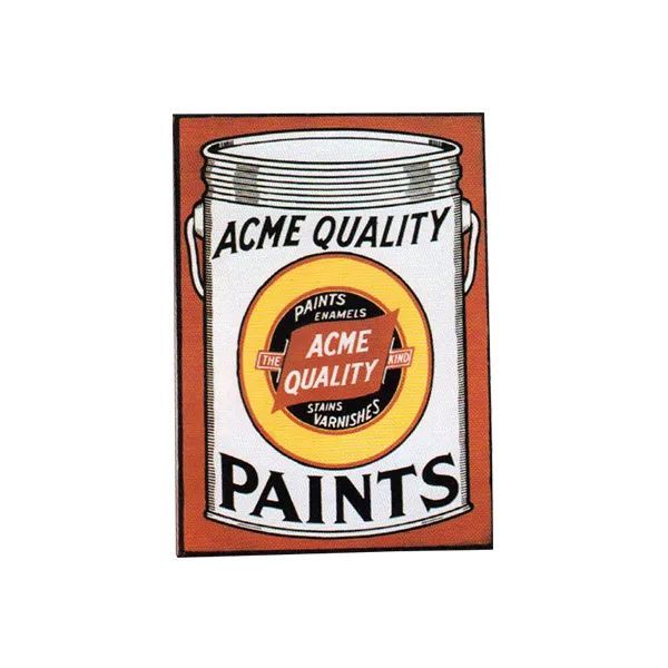 Vintage Acme Quality Paints can label in orange, white, and black