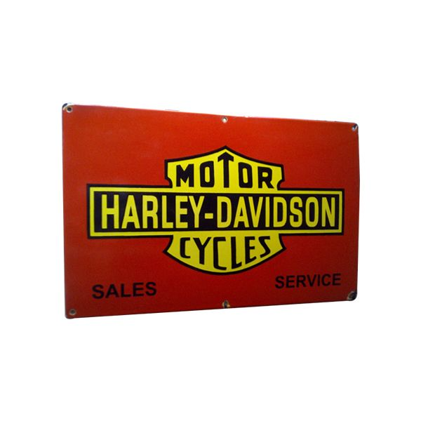 Red Harley-Davidson Motor Cycles sign with yellow logo and SALES and SERVICE text