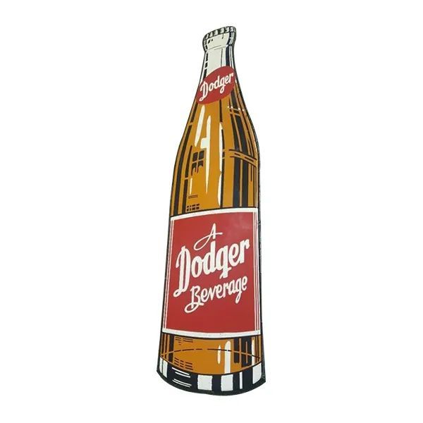 Vintage brown glass bottle labeled “A Dodger Beverage” with red and white branding