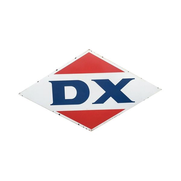 DX logo in blue on a white diamond with red accents