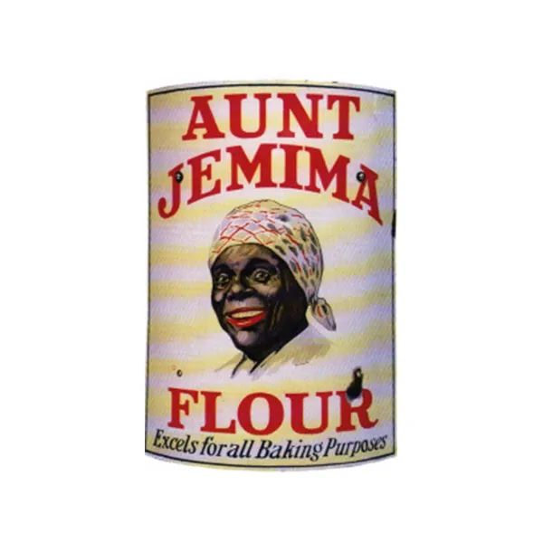 Aunt Jemima flour can label with red text and a smiling woman’s portrait