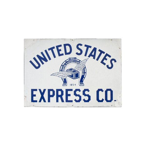 Blue vintage sign reading “United States Express Co.” with a wagon graphic on a white background
