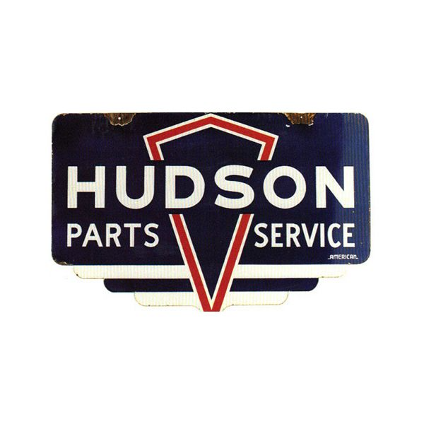 HUDSON Parts Service sign in navy, white, and red with stylized V logo