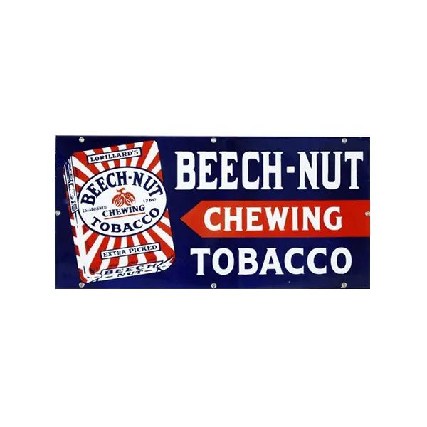 Beech-Nut chewing tobacco sign in blue, red, and white with bold lettering