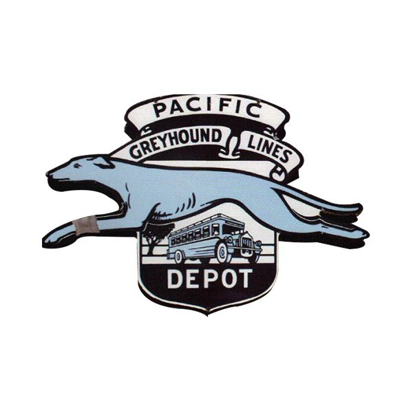 Pacific Greyhound Lines depot logo with blue greyhound and bus illustration