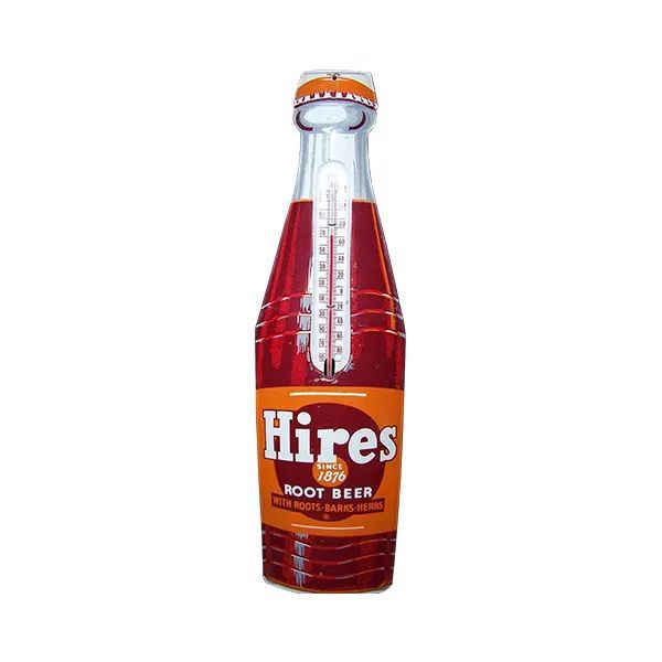 Hires root beer bottle with red label and orange cap on a white background