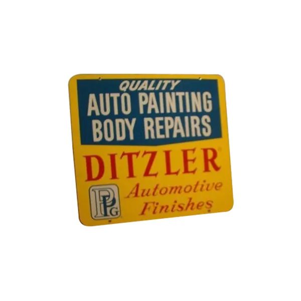 Yellow and teal sign reading “Ditzler Automotive Finishes” for auto painting and body repairs