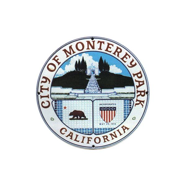 City of Monterey Park, California seal with fountain, trees, and shield emblem