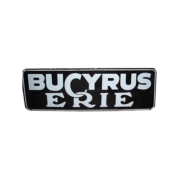 Black Bucyrus Erie logo with white lettering on a rectangular sign