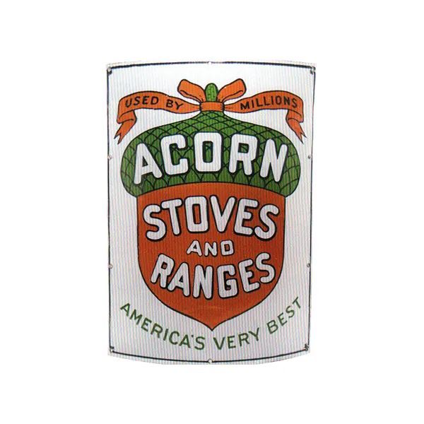 Vintage ACORN Stoves and Ranges advertisement label with green, orange, and white design