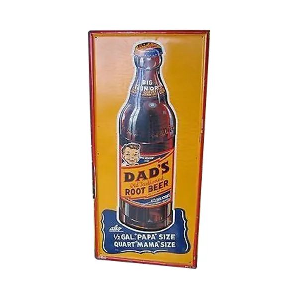 Vintage Dad's Root Beer bottle poster on orange background with blue and yellow label