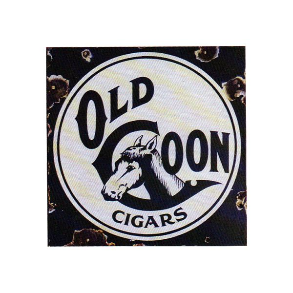 Old Coon Cigars logo with a horse head inside a black-and-white circular emblem