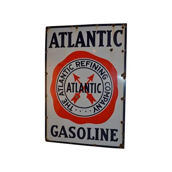 Vintage Atlantic Gasoline metal sign in white, red, and blue with circular Atlantic Refining logo.