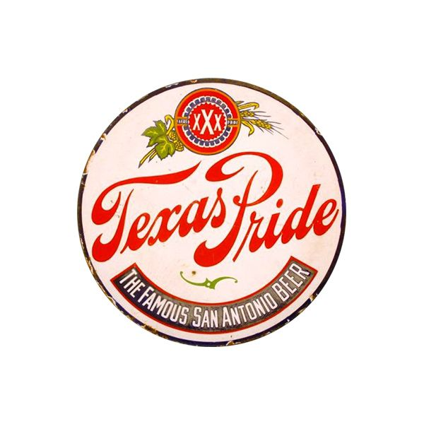 Texas Pride beer label with red script and circular logo on a white background