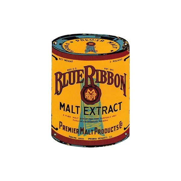 Vintage orange Blue Ribbon Malt Extract tin can with blue lettering