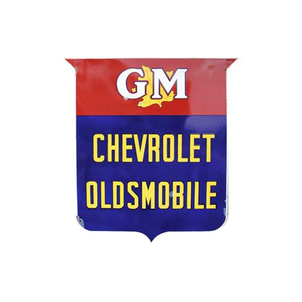 GM Chevrolet Oldsmobile sign in red, white, and blue with yellow lettering