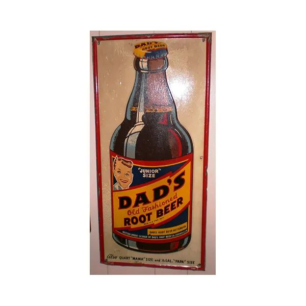 Vintage Dad's Root Beer advertisement poster with a large bottle on a cream background